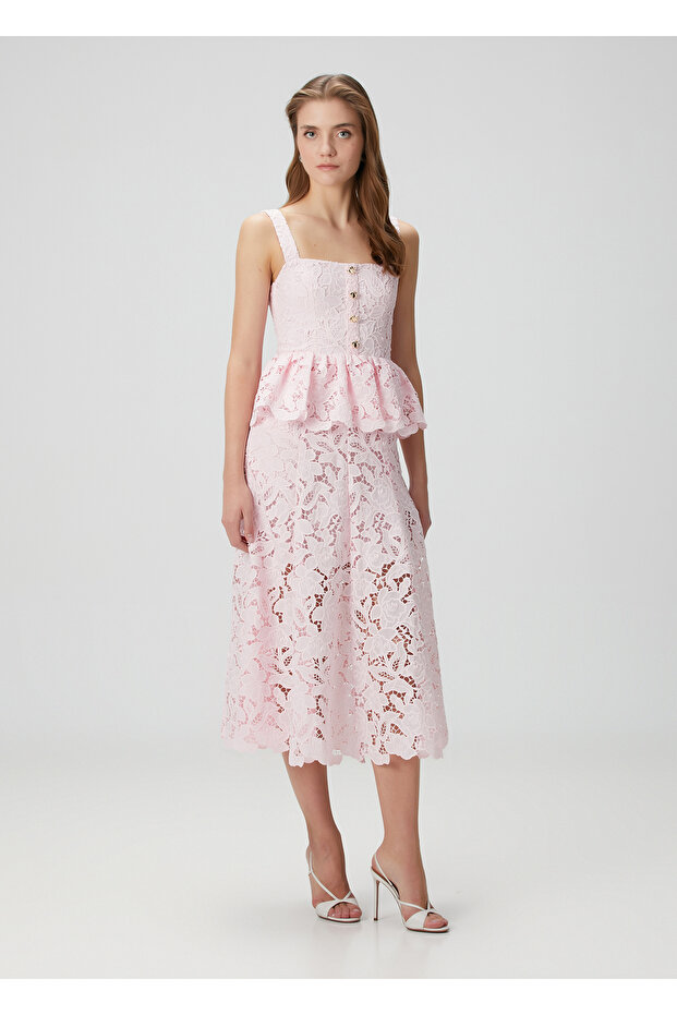 Pembe Midi Dantel Elbise - 3
