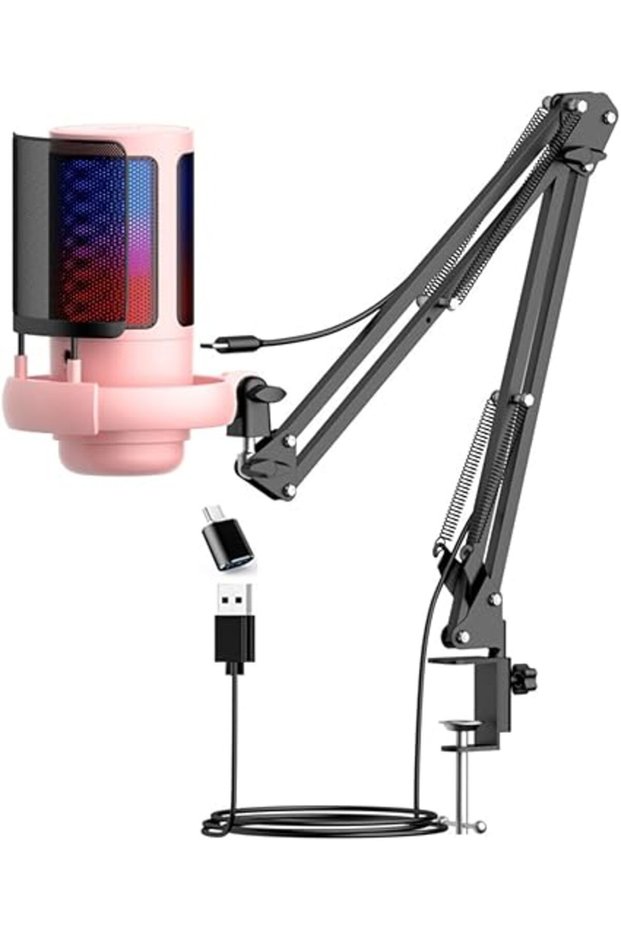 RGB Gaming Microphone for PS4/PS5/PC & Mac, with Boom Arm, Pop Filter, Mute, Monitoring, 192kHz/24Bi