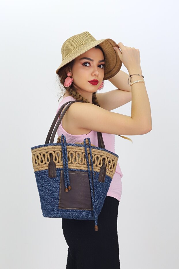 Jutty Cobalt Blue Straw Beach Bag with Tan Leather Handles, Macrame Detail Bohemian Shoulder Bag Drawstring Tote