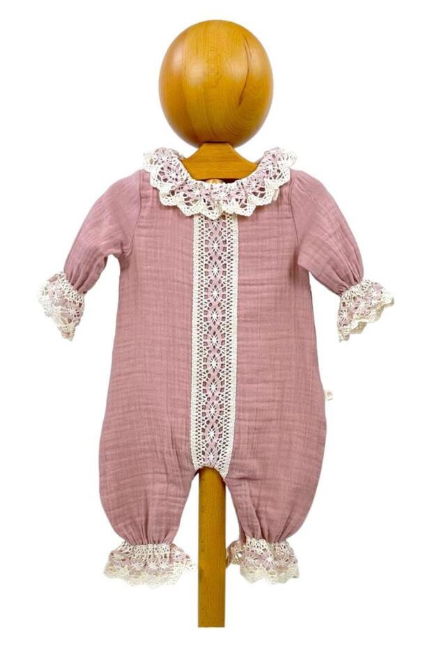 Dusty Rose Baby Girl Romper with Lace and Ruffle Details