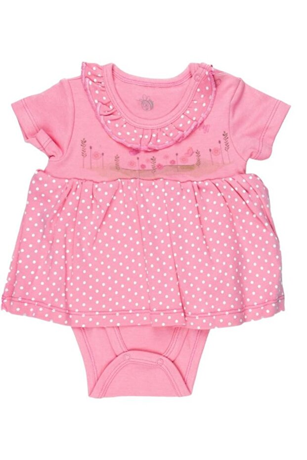Floral Patterned Polka Dot Pink Baby Girl Skirted Bodysuit