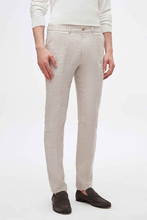 Ds Damat Slim Fit Beige Plain 100% Linen Jogger Pants