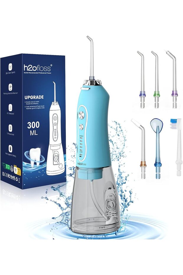 Water Dental Flosser HF-6, Cordless Portable Oral Irrigator, 5 Modes, IPX7, 300ML (Sky Blue