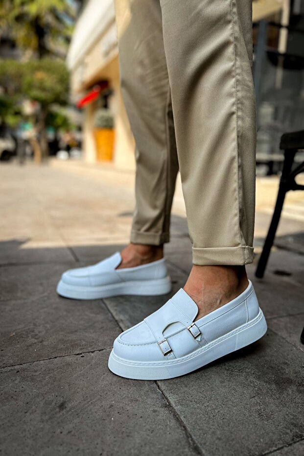 Ch417 Mancini Men's Casual Laceless Leather Classic Shoes Cbt - White