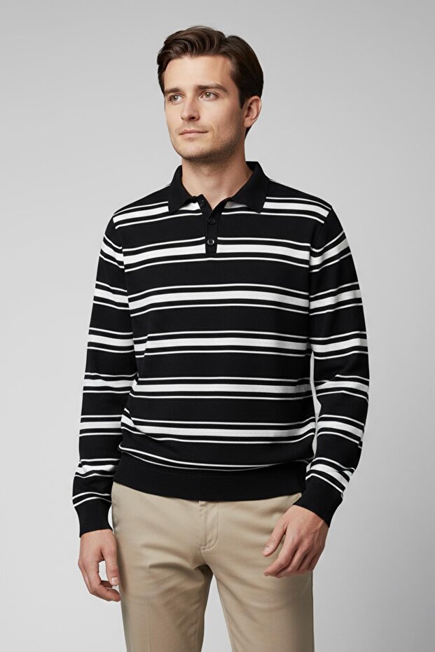 Men's Polo Neck Buttoned Striped Knitwear Sweater Black-White 26W2015