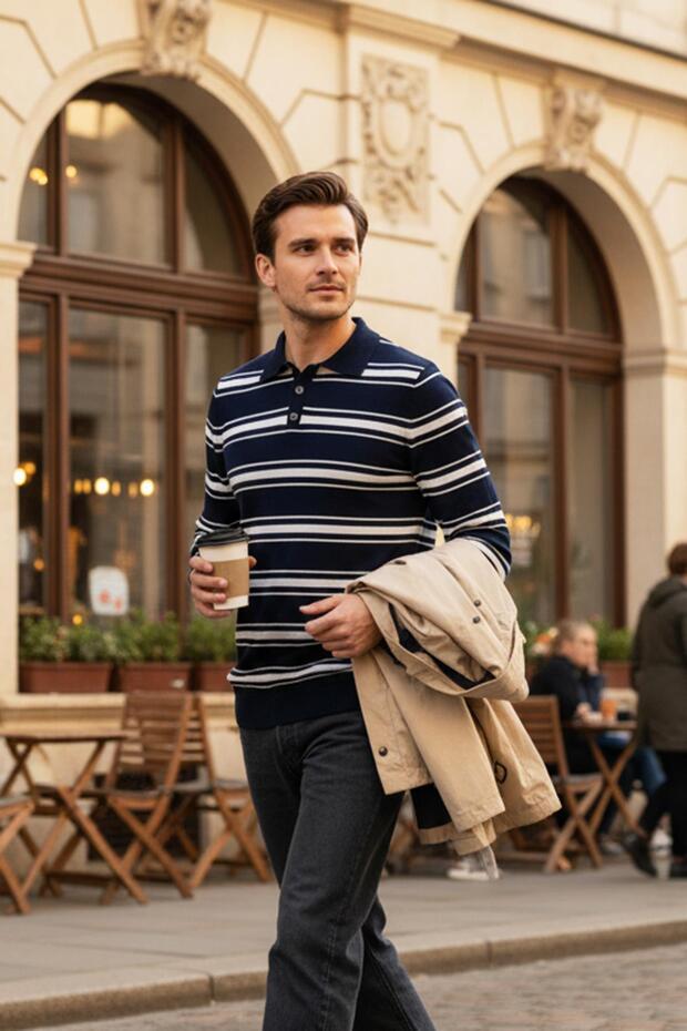 Men's Polo Neck Buttoned Striped Knitwear Sweater Navy Blue-White 26W2015