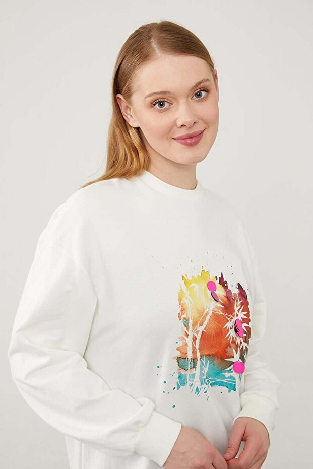 Ekru Pul İşlemeli Baskılı Sweatshirt - 3