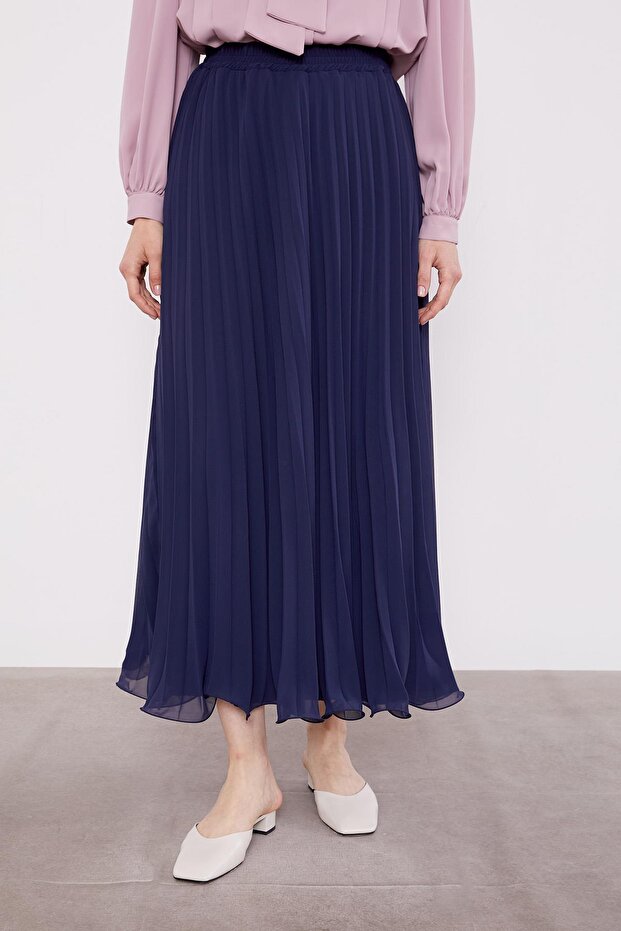 Lacivert Piliseli Şifon Etek - 1