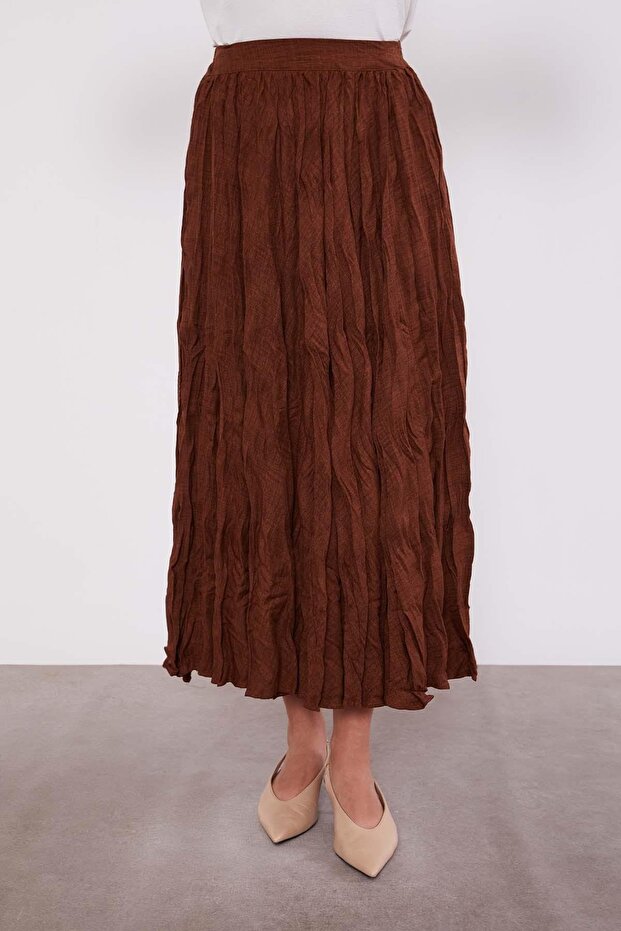 Kahve Kırışık Model Etek - 1