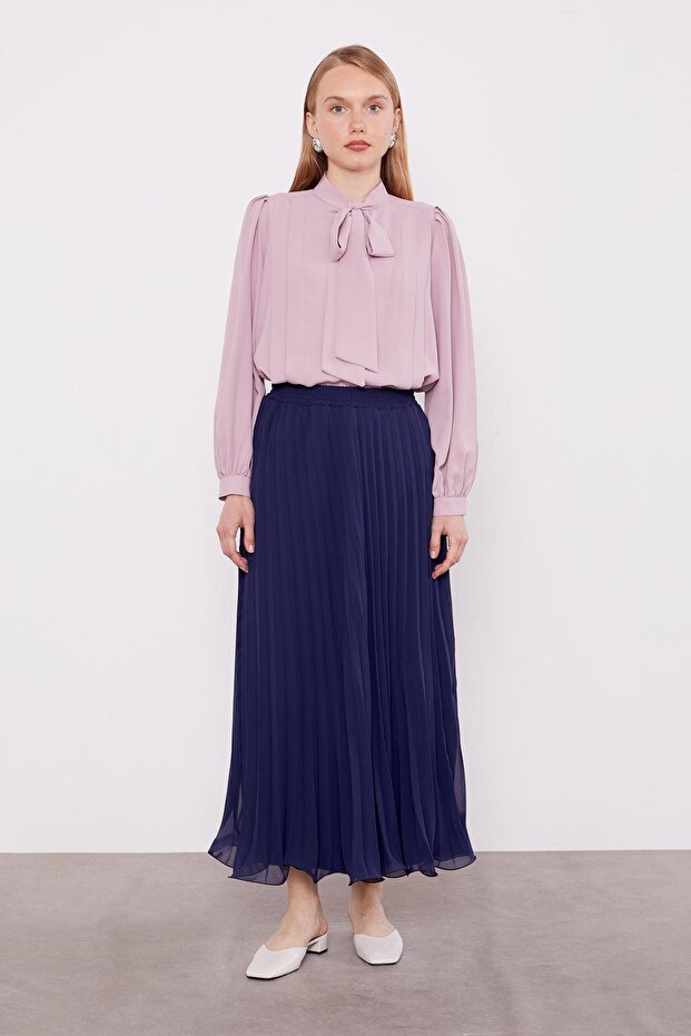 Lacivert Piliseli Şifon Etek - 2