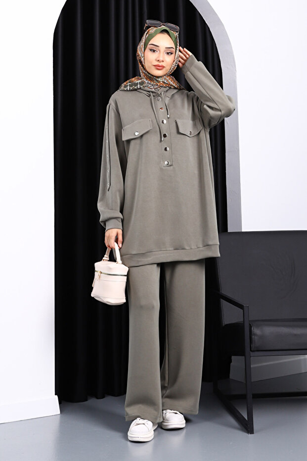 Khaki Tunic Pants Set with Snap Detail