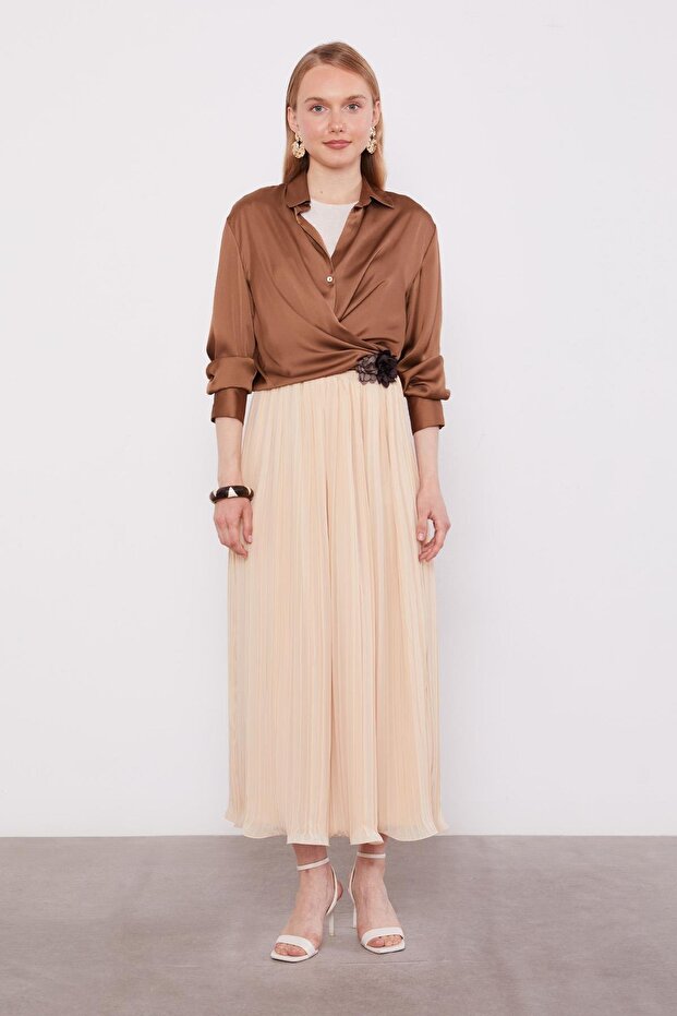 Bej Kırışık Piliseli Etek - 2