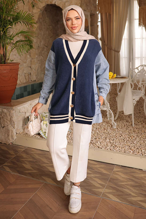 Navy Blue Denim Trimmed Soft Knit Cardigan
