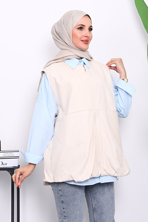 Stone Zippered Oversize Lined Vest