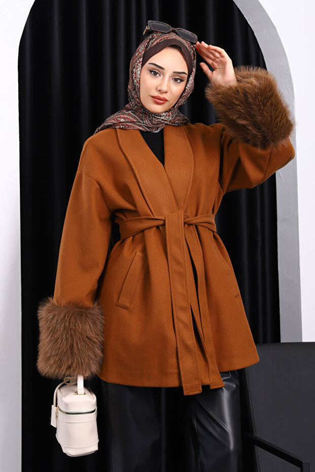 Tan Waist Belted Double Pocket Cashmere Coat