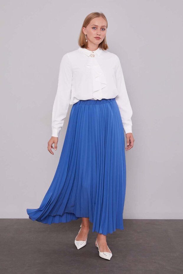 Mavi Pliseli Beli Lastikli Etek - 2