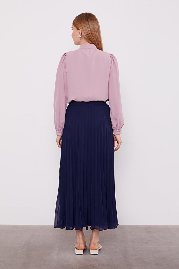 Lacivert Piliseli Şifon Etek - 4