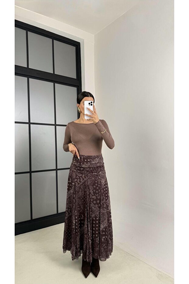 Kahve Etnik Desenli Astarlı Etek GAUS-00464 - 2