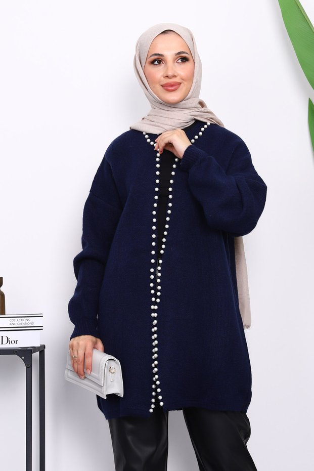 Navy Blue Yumoş Knitwear Pearl Cardigan