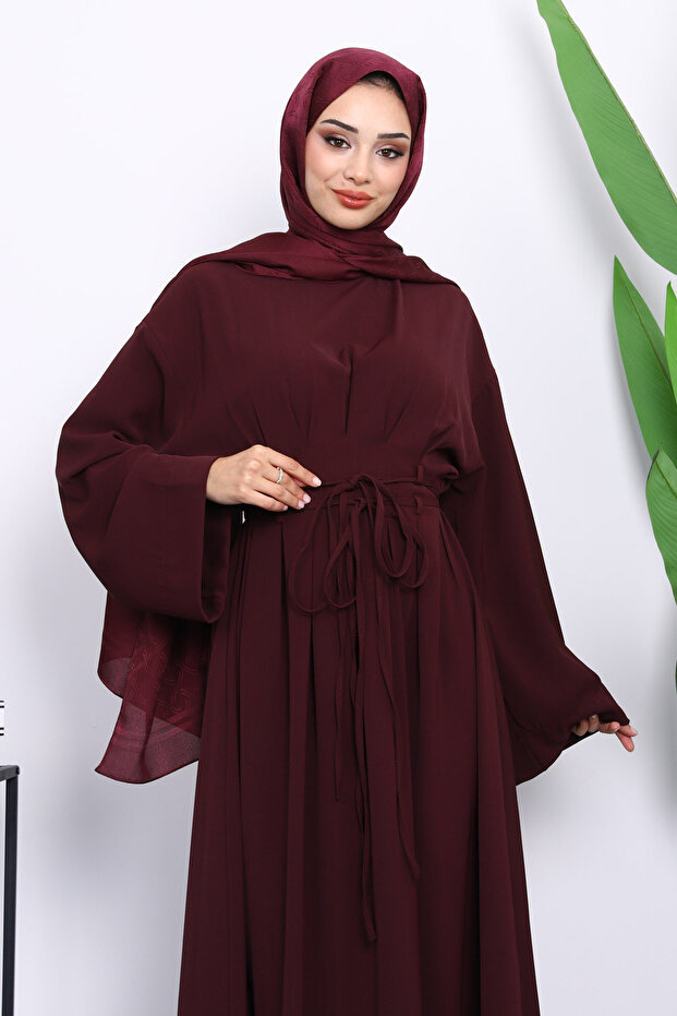 Mürdüm Bel Bağlamalı Piliseli Elbise - 3