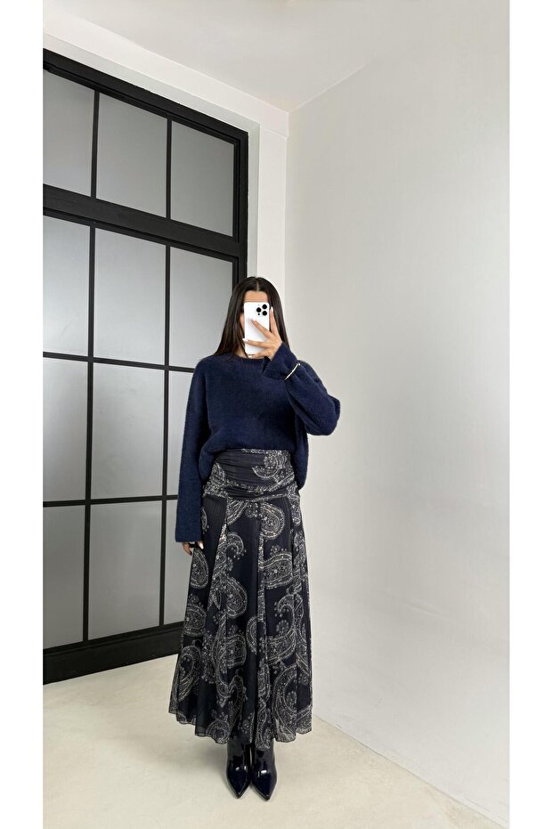 Lacivert Etnik Desenli Astarlı Etek GAUS-00464 - 1