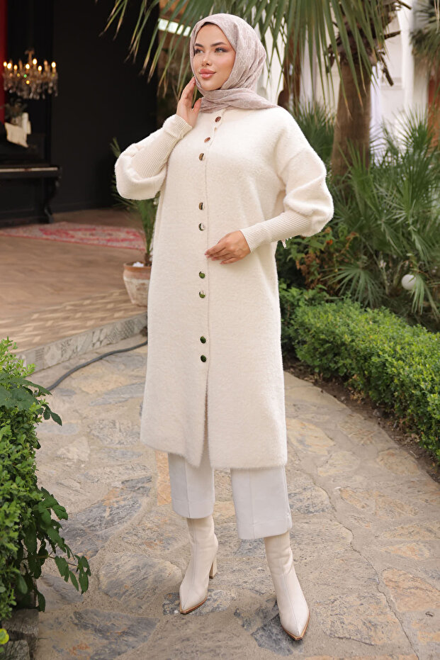 Cream Hakim Yaka Angora Soft Coat Cardigan