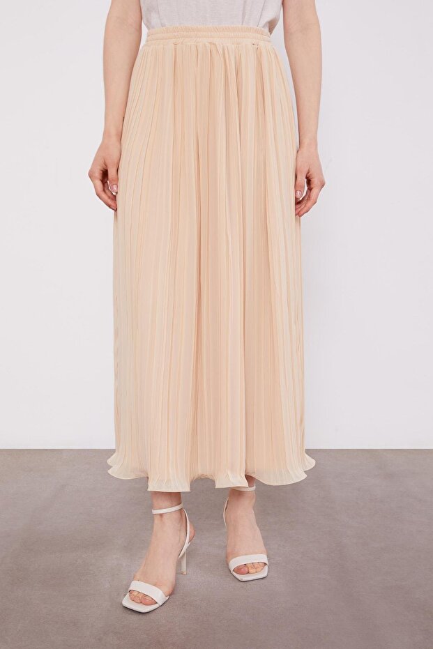 Bej Kırışık Piliseli Etek - 1