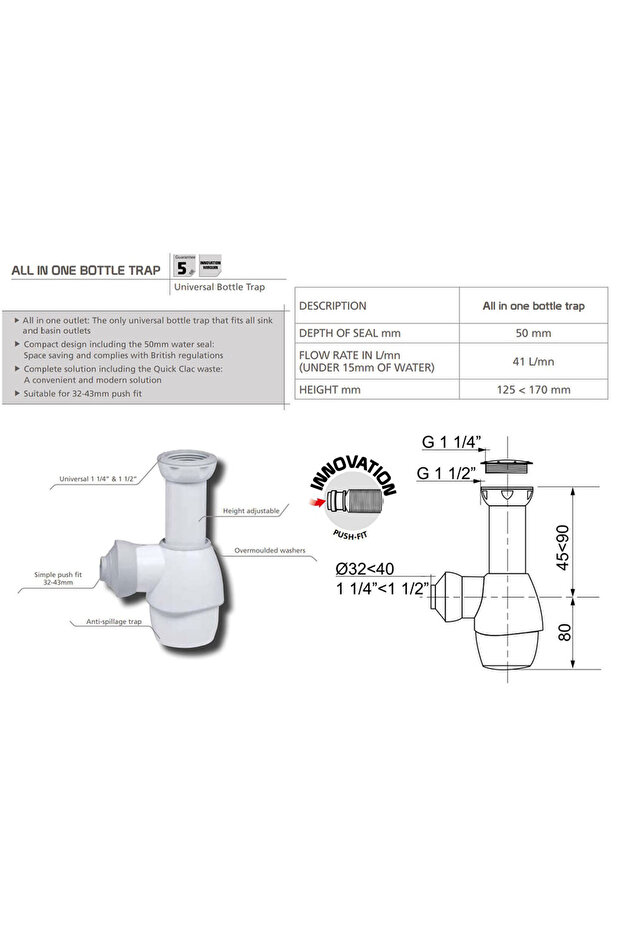 Universal washbasin siphon 32-43 mm with push-in connection - 2