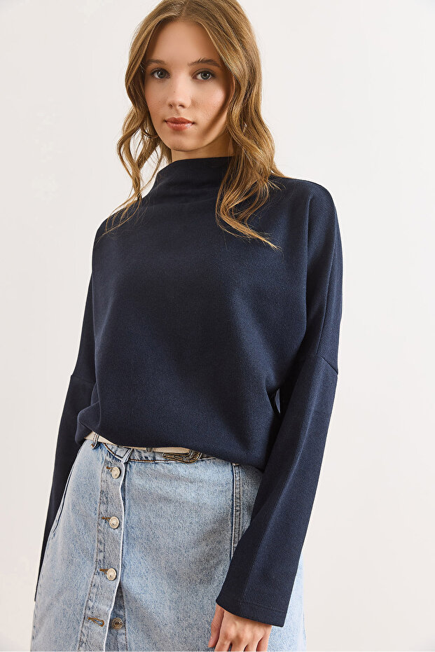 Women's Navy Blue Stand Collar Ribbed Thessaloniki Blouse Blz-19003137