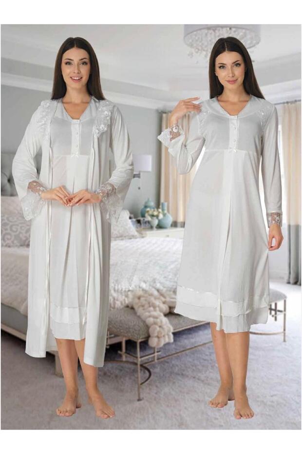 Women's Ecru Special Design Lace Detailed Long Sleeve Maternity Nightgown Dressing Gown Set