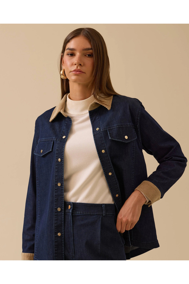 Double Fabric Snap Button Jean Jacket - 1