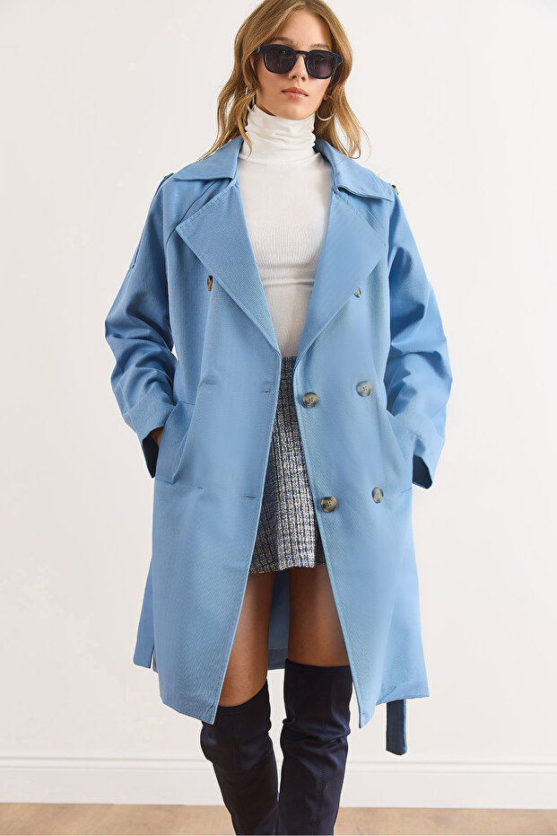 Women's Blue Lined Pocketed Belted Gabardine Trench Coat Trc-00000013