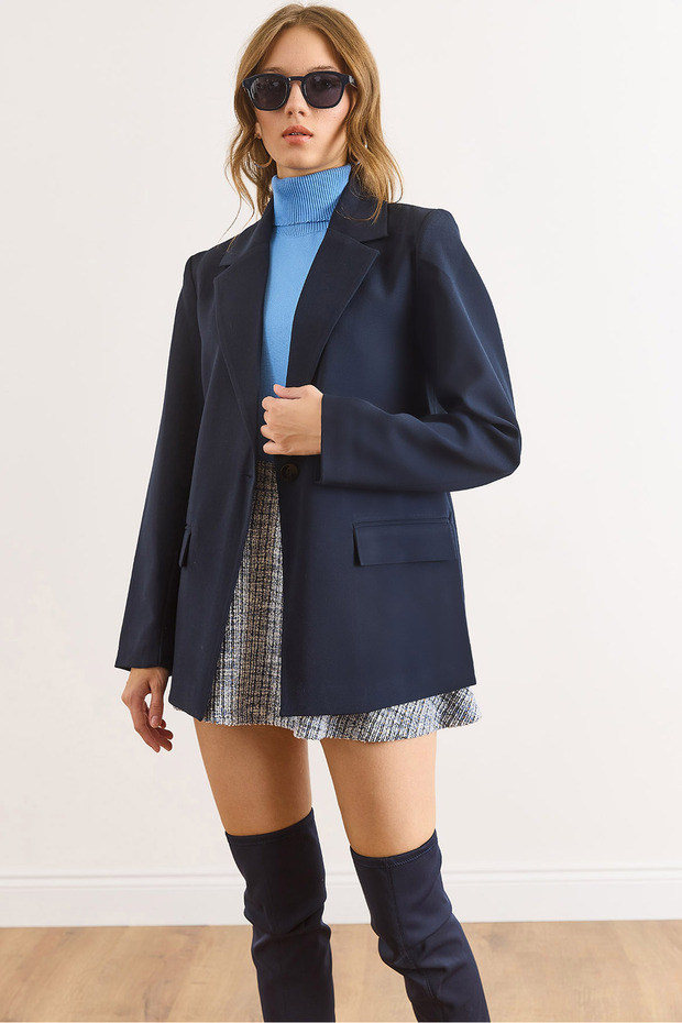 Women's Navy Blue Single Button Lined Pocket Flap Premium Blazer Jacket Ckt-19000395