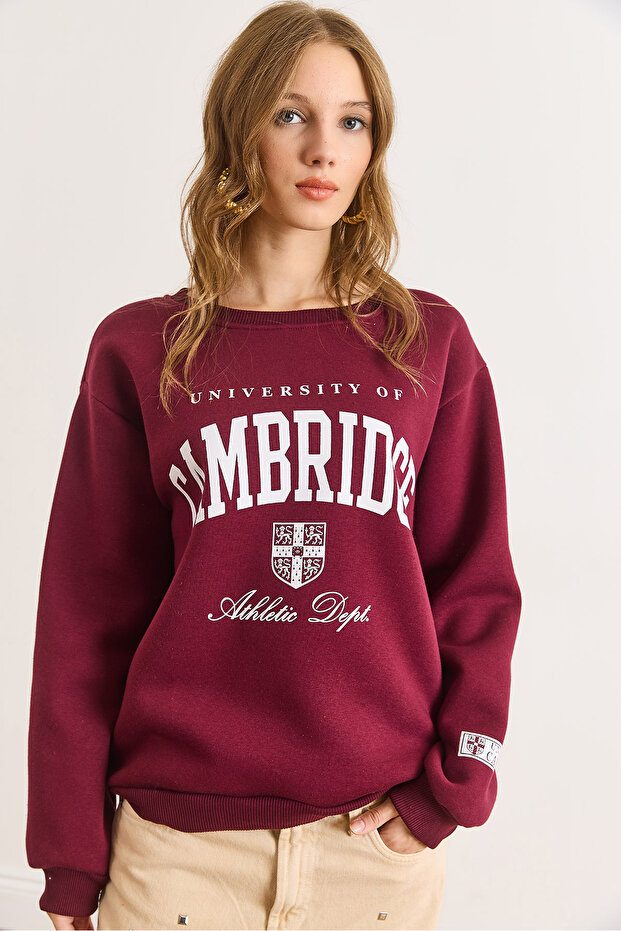 Women's Burgundy Cambridge Printed Embossed Thick Sweatshirt Swt-19000758