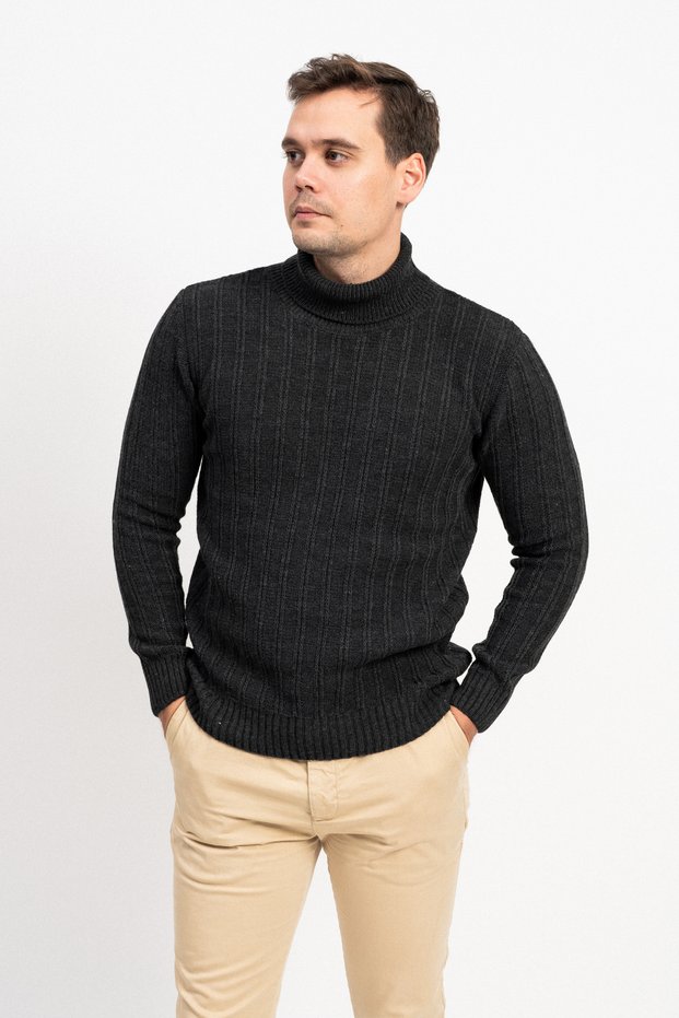 Turtleneck Men's Knitwear Sweater with Vertical Stripe Detail