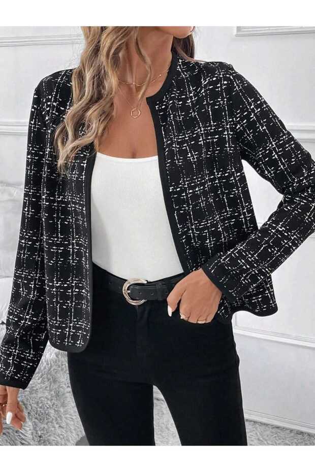Women's Open Front Woven Detailed Chanel Jacket