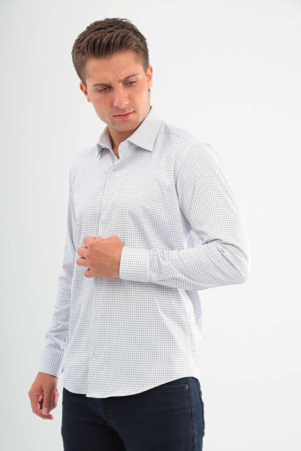 Slimfit White Navy Checkered Men's Shirt with Lycra Slim Fit Structure As045085/19