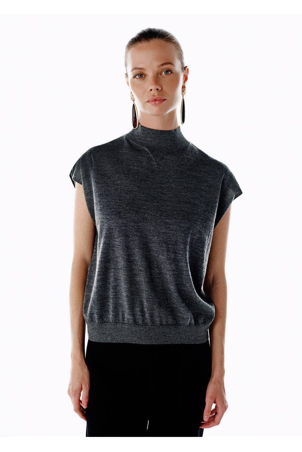 Dark Gray Merino Wool Blend Knitwear Top