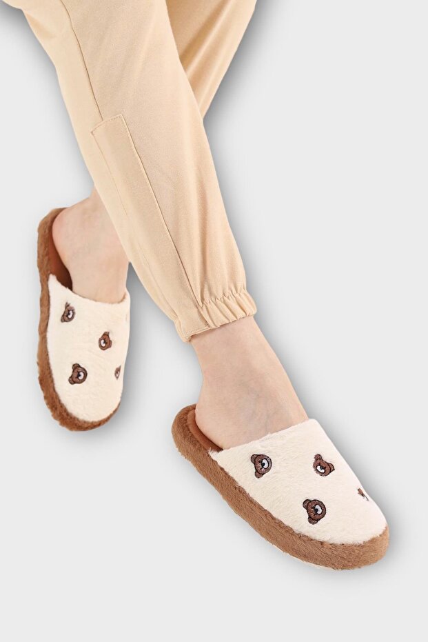 Women's Fluffy Embroidered House Slippers Dowry Bundle Slippers Valentine's Day White - Brown