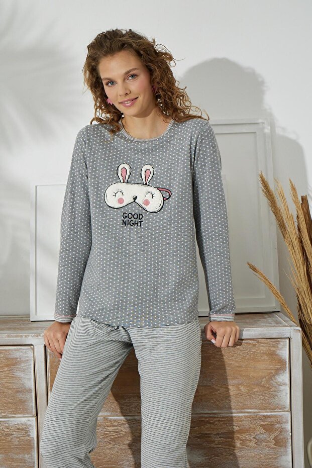 Women's Grey Color Pauntieli Long Sleeve Printed Crew Neck Pajama Set C0T8N051