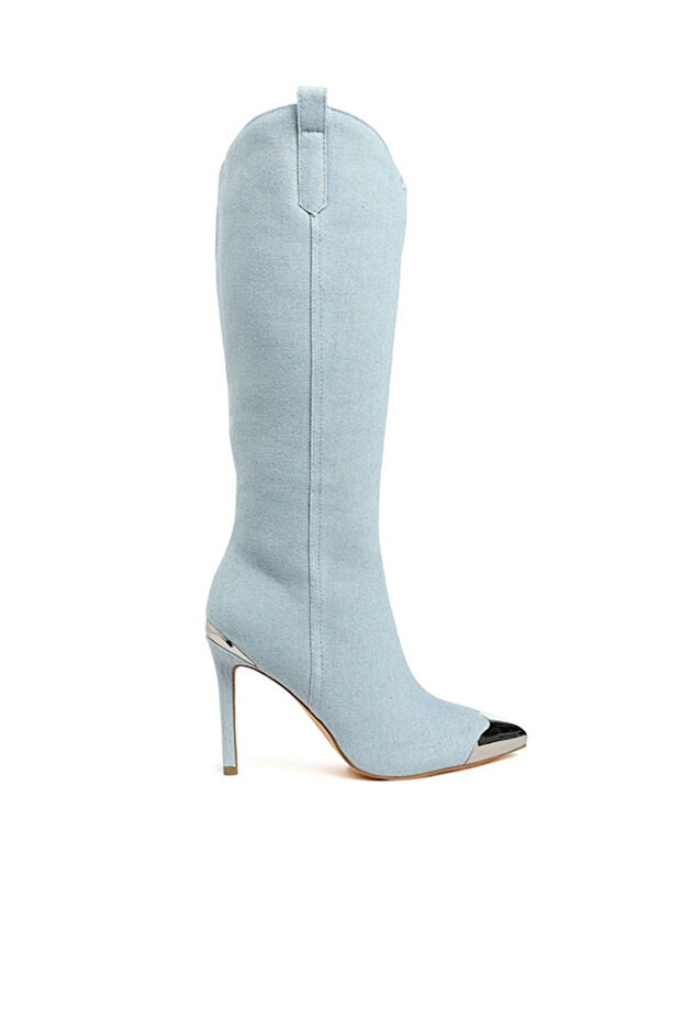 Women Metallic Cap Toe Denim Boots in Blue