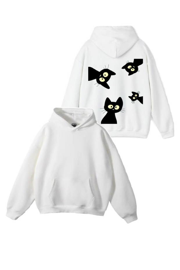 New Season Cats Printed 3 Yarn Cotton Hooded Sweatshirt