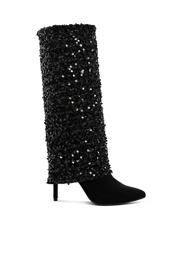 Women Sequinned Fold-Over Calf Boots in Black