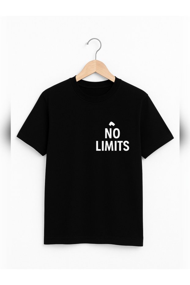Unisex Oversize No Limits Printed Cotton Crew Neck Short Sleeve Black T-Shirt