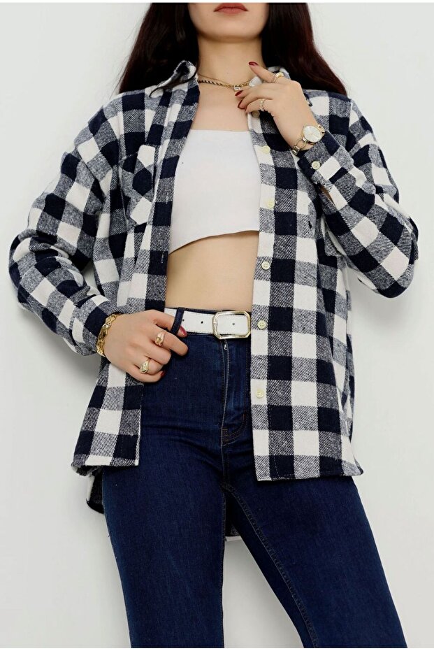 LACİVERT BEYAZ ODUNCU GÖMLEK - 1