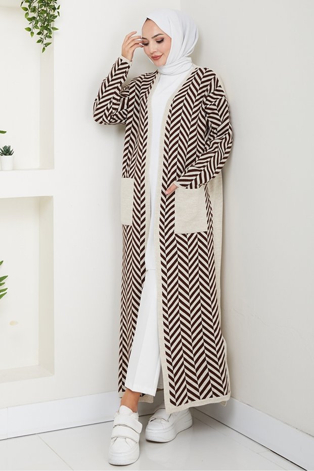 Stripe Detailed Knitwear Cardigan 1604 - Brown