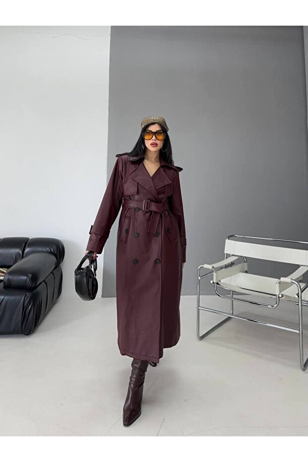Women's Lined Premium Leather Trench Coat with Epaulettes and Cape