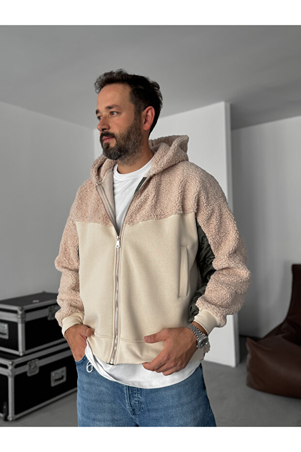 Bej Kol Kapitone Kapüşonlu Peluş Sweatshirt YP-5004 - 6