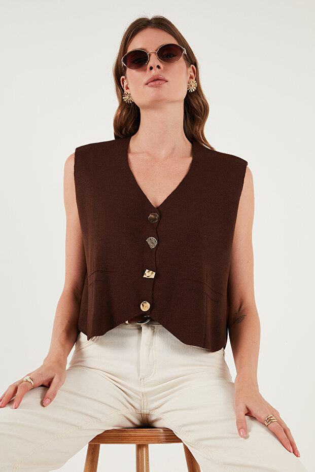 Standard Fit V-Neck Buttoned Knitwear Vest Vest 4616177