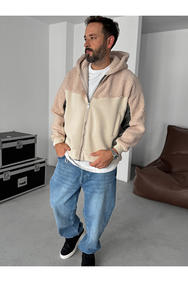 Bej Kol Kapitone Kapüşonlu Peluş Sweatshirt YP-5004 - 7